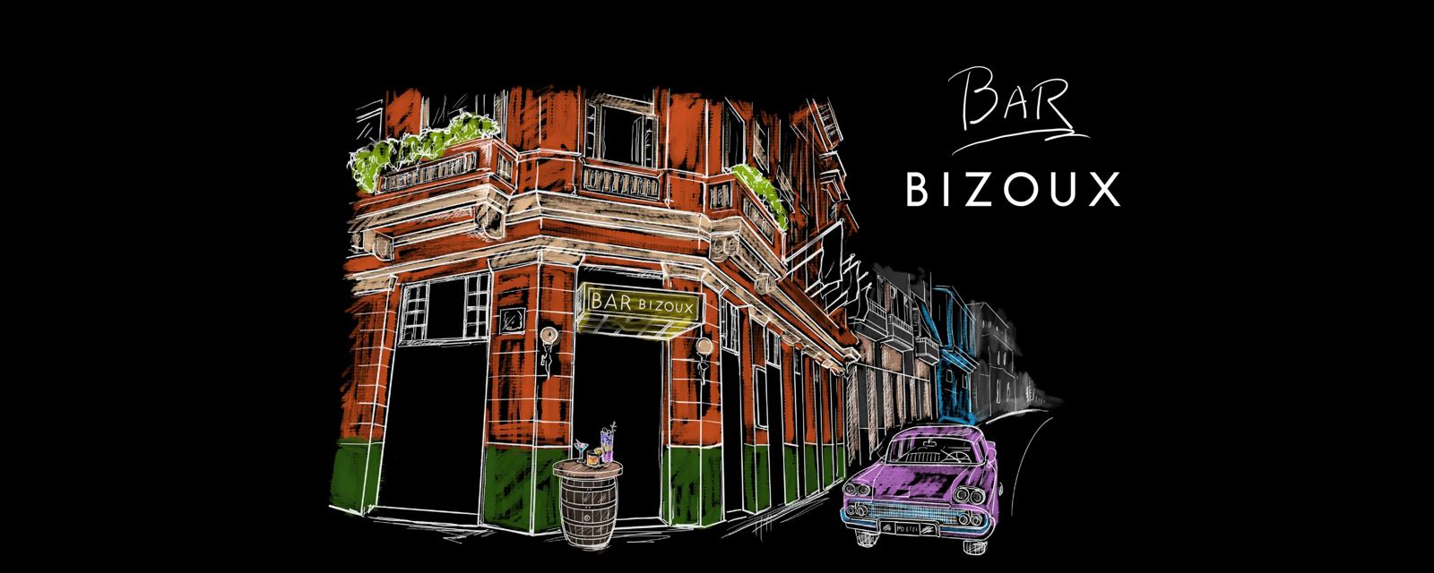 Bar Bizoux — chalkboard illustration of the bar building