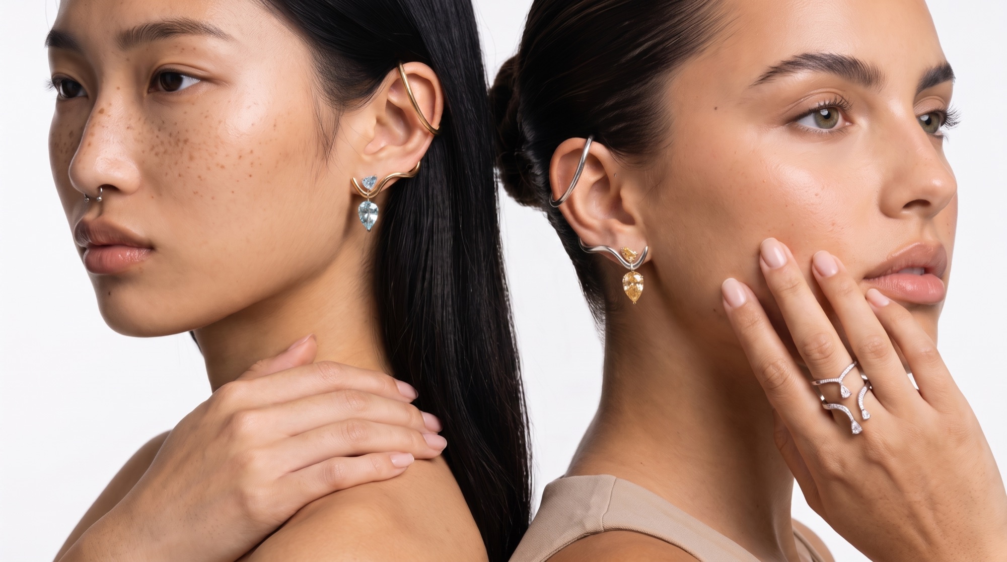 Original Designs — Gold Outlines worn, two models back to back