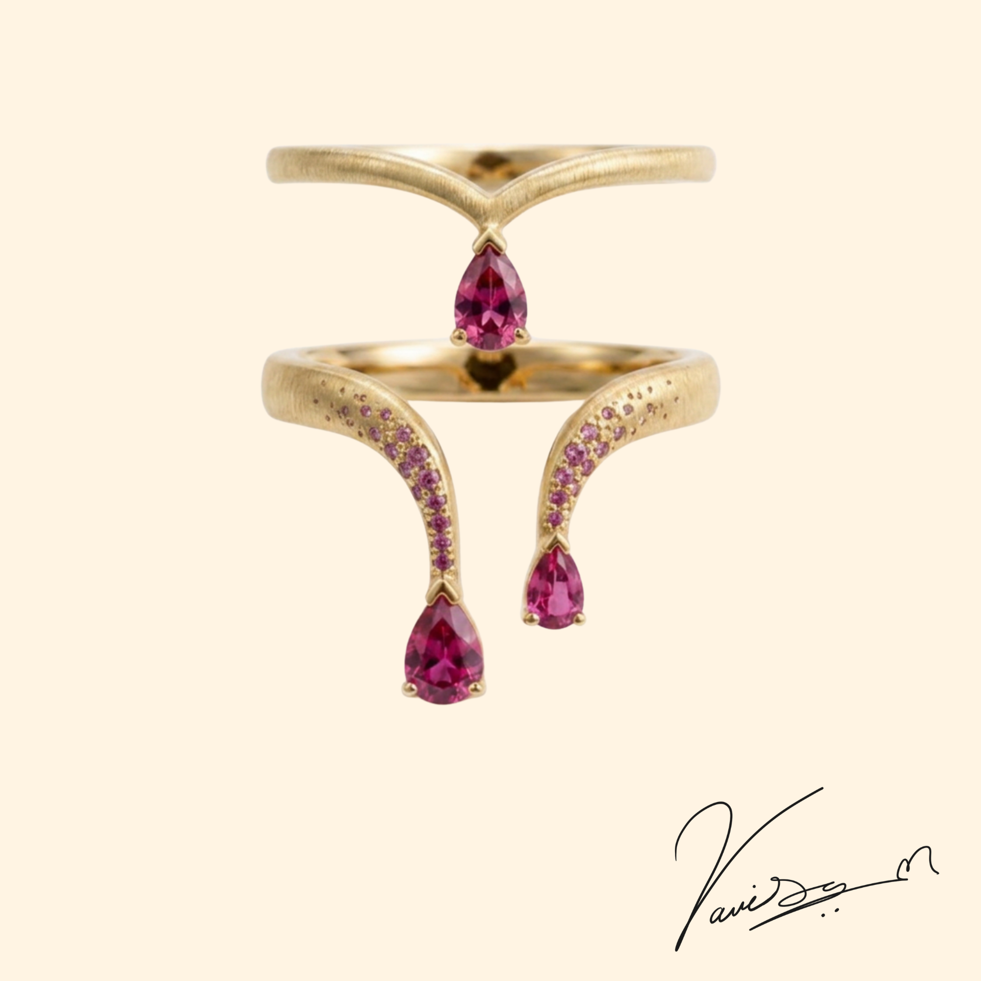 Gold outline ring — tourmaline pear-drops