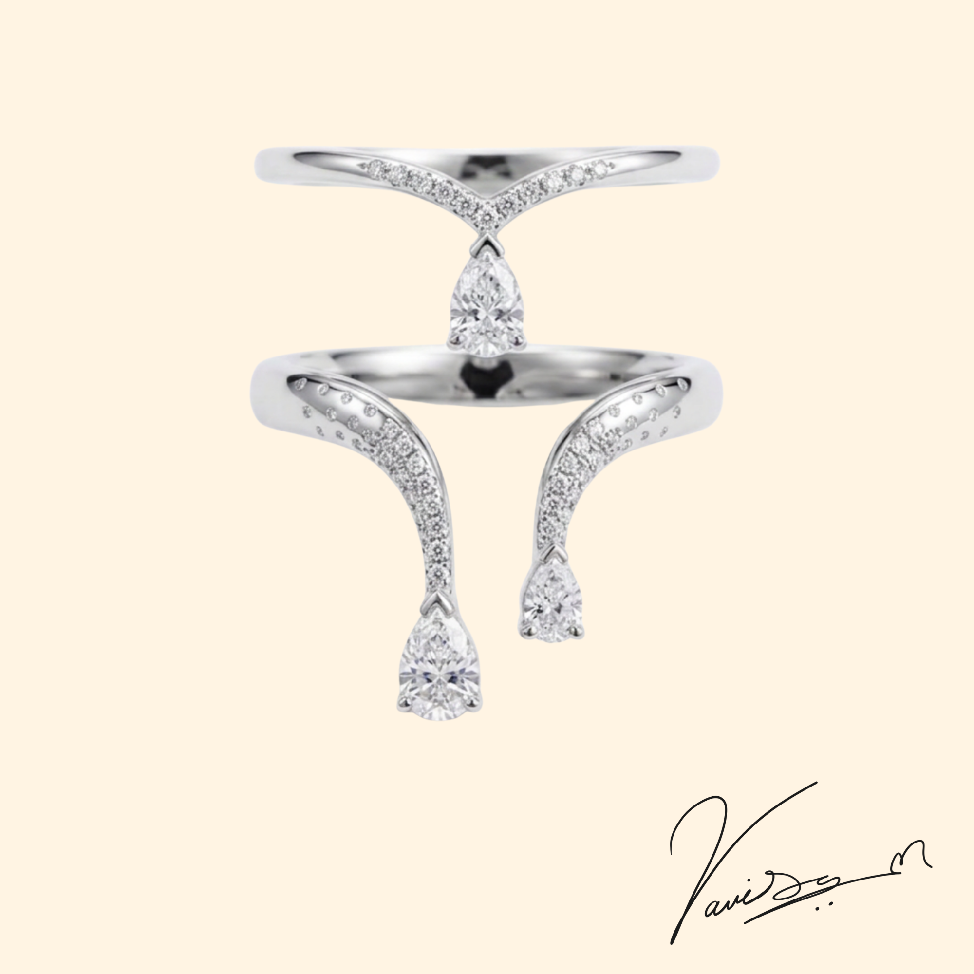 Gold outline ring — diamond pear-drops
