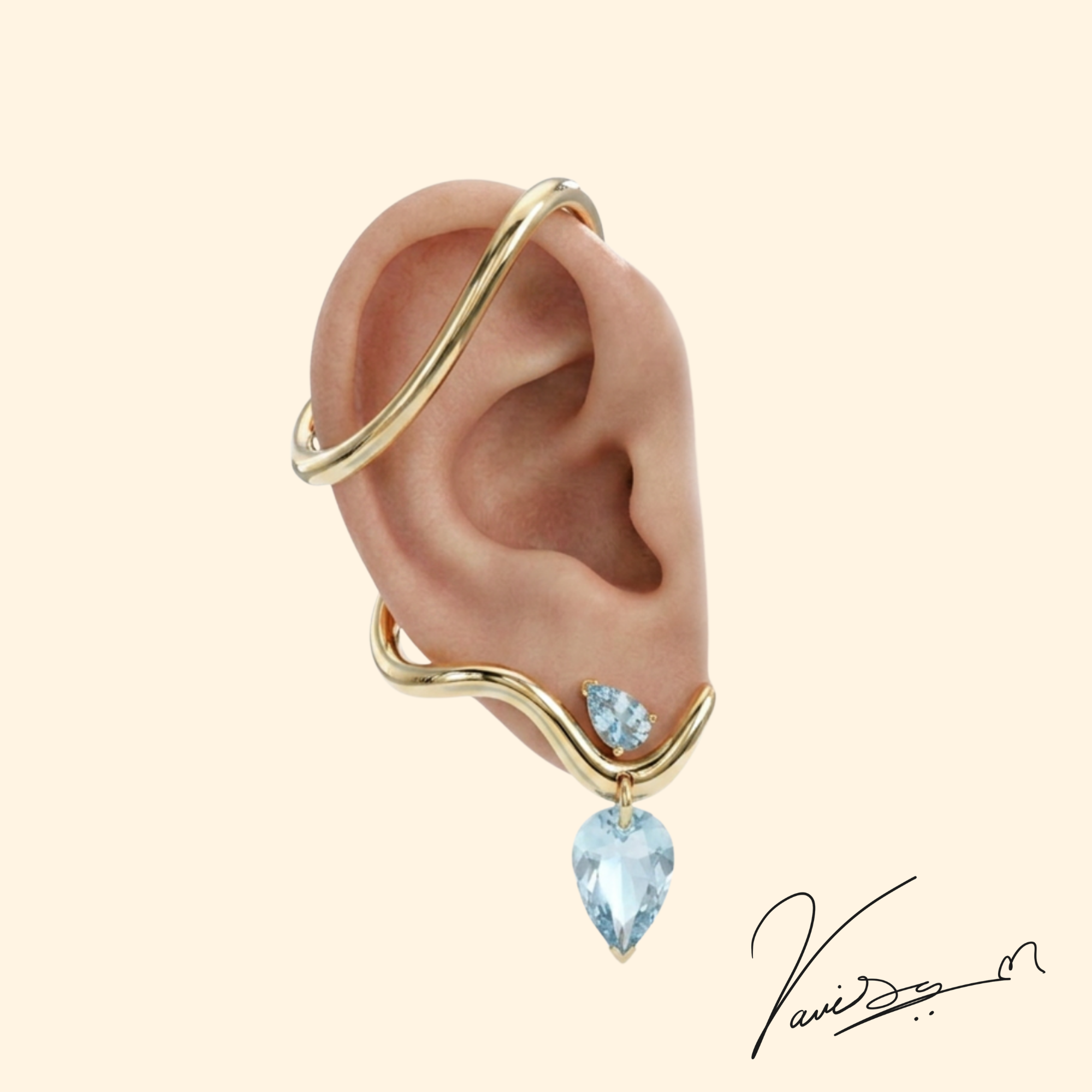 Gold outline ear cuff — aquamarine
