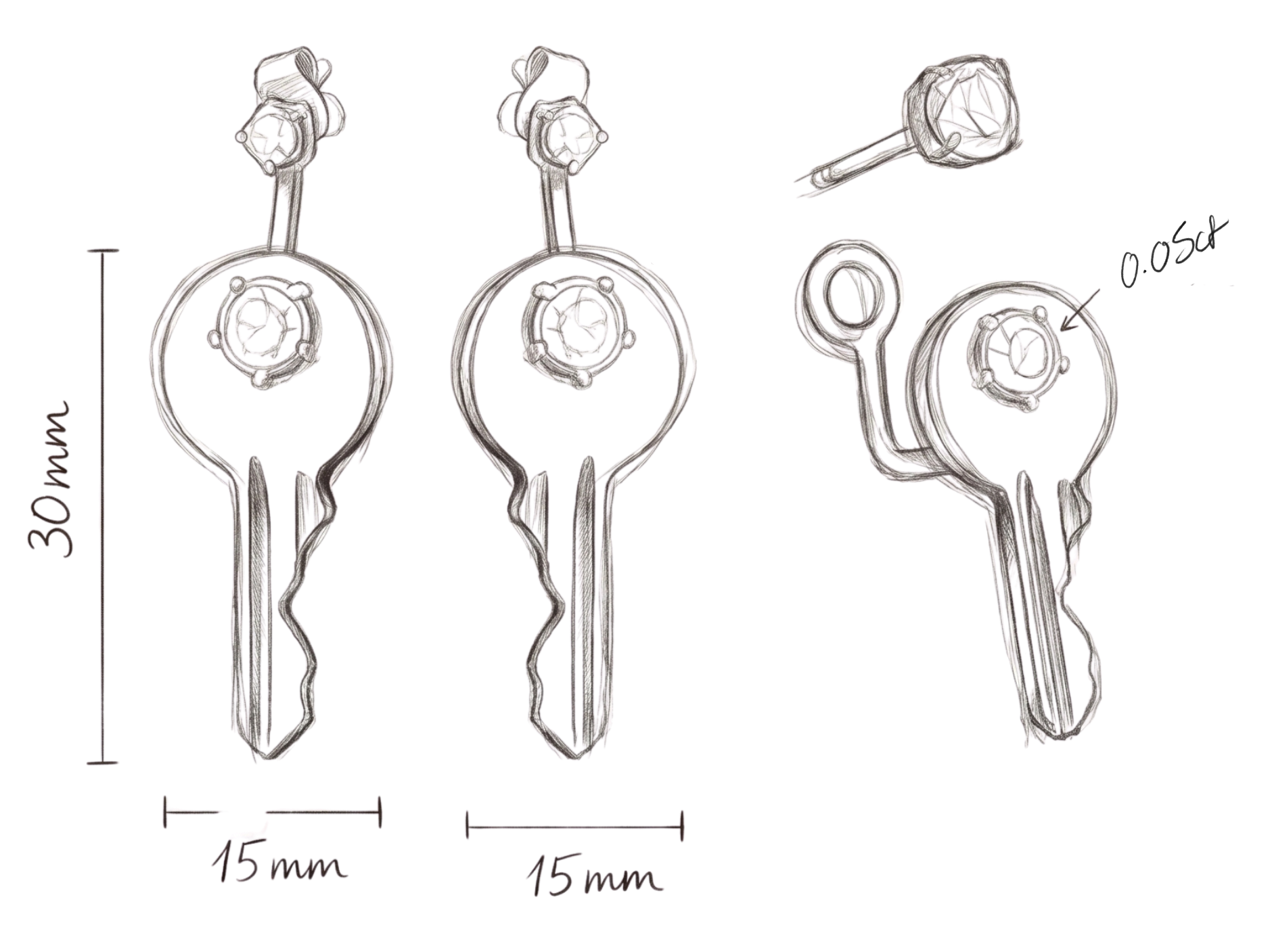 Key stud earrings sketch with measurements